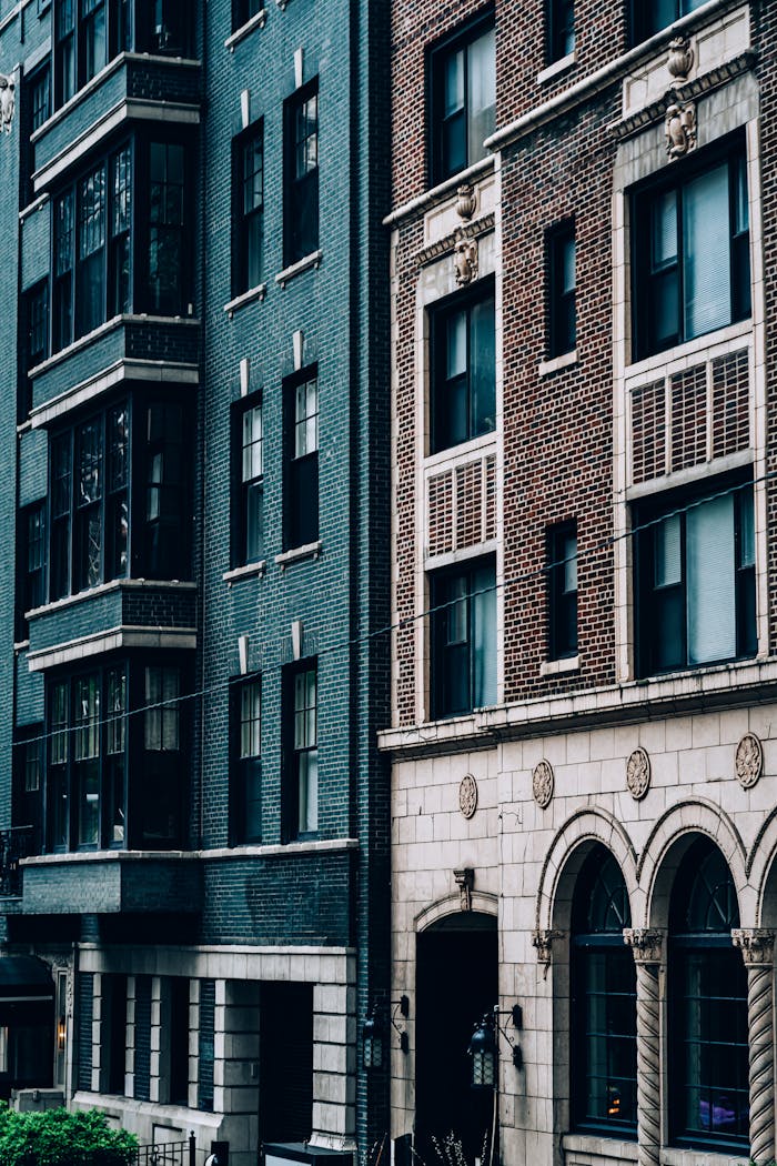 Detailed view of historic and modern architecture in downtown Chicago on a clear day.